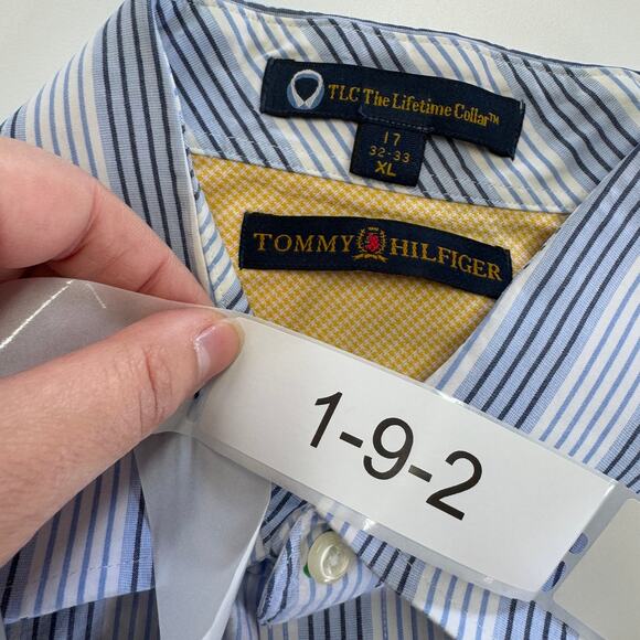 Tommy Hilfiger Shirt Men X Large 17 32-33 Blue White Striped Button Down Vintage - Picture 3 of 6